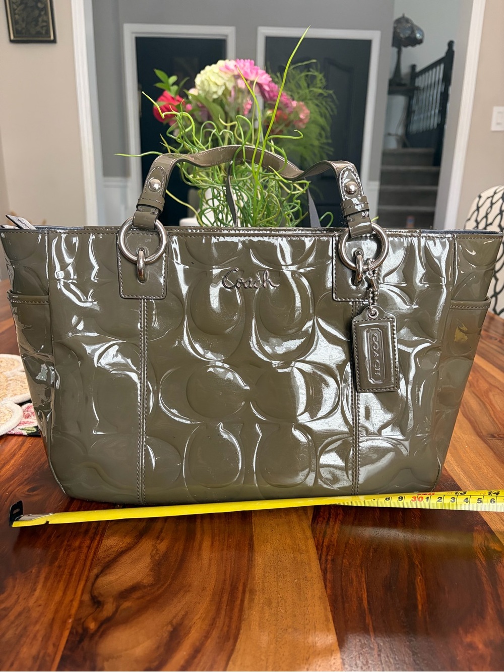 Coach Patent Signature Tote in Olive Green